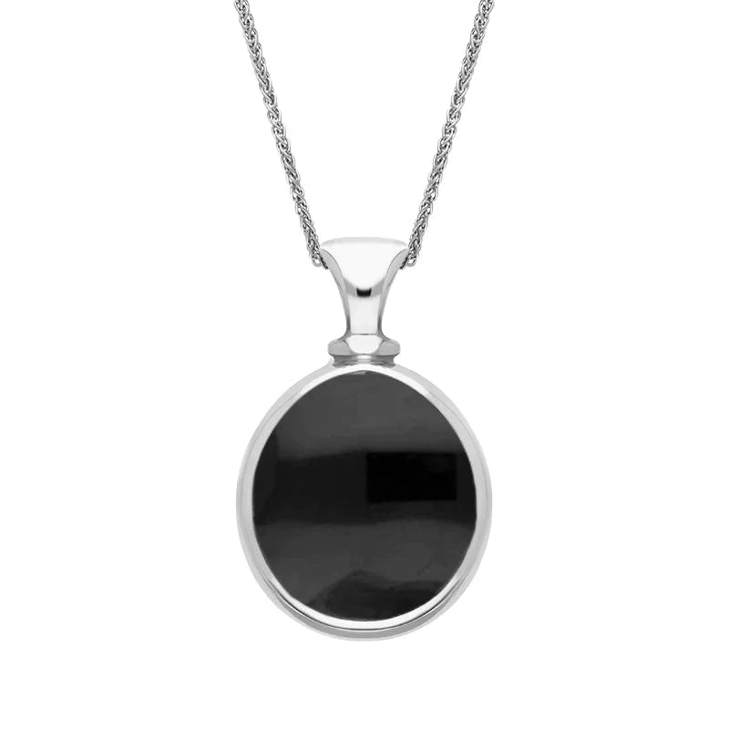 Sterling Silver Whitby Jet Mother Of Pearl Small Double Sided Pear Fob Necklace