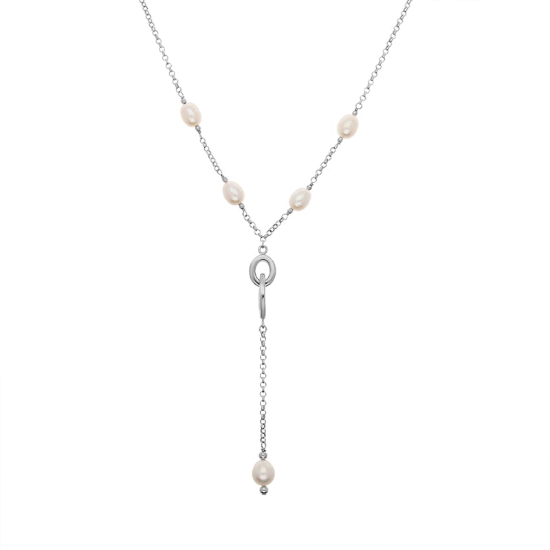 Sterling Silver White Pearl Oval Double Drop Necklace D