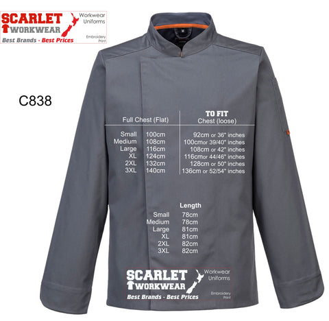 C838 - Portwest - Mesh Air Pro Chefs jacket - Size Guide NZ - Scarlet Workwear