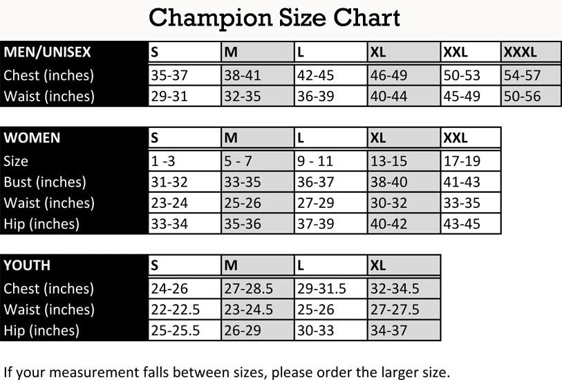 Champion Shirt Size Chart