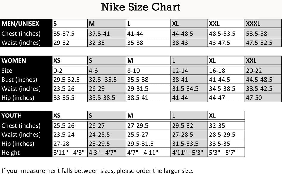 nike pro short size chart