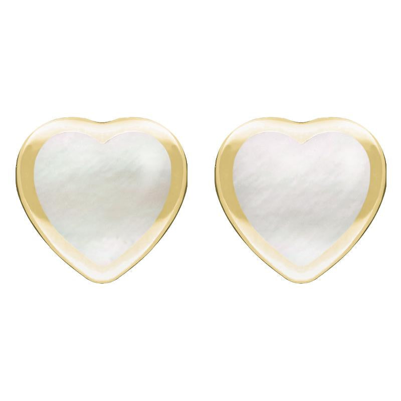 9ct Yellow Gold White Mother Of Pearl Large Framed Heart Stud Earrings