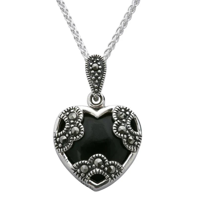 Sterling Silver Whitby Jet Necklace Heart Marcasite Necklace - Silver
