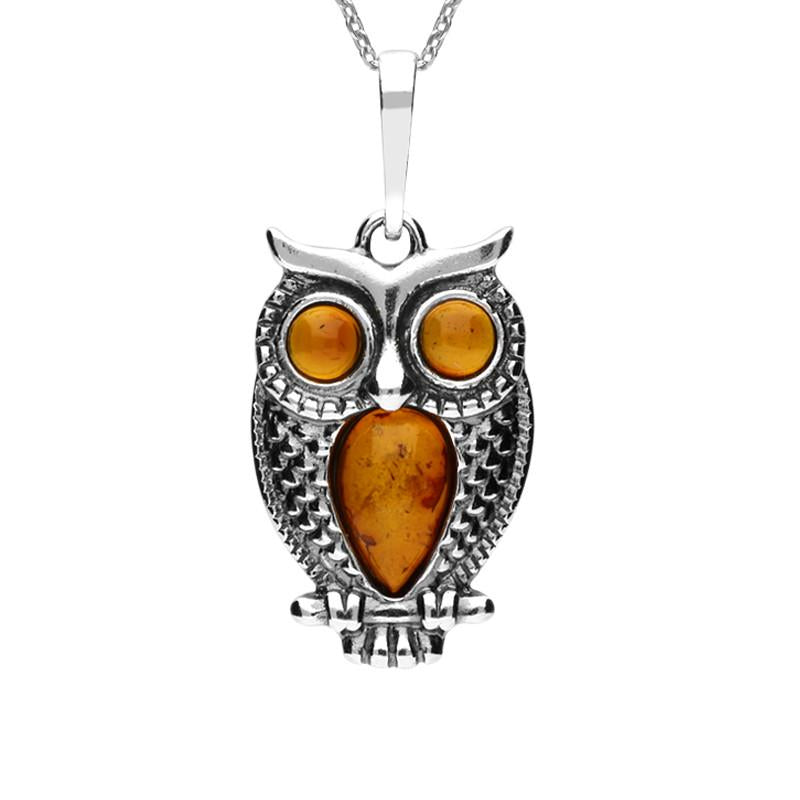 Sterling Silver Amber Owl On Branch Necklace