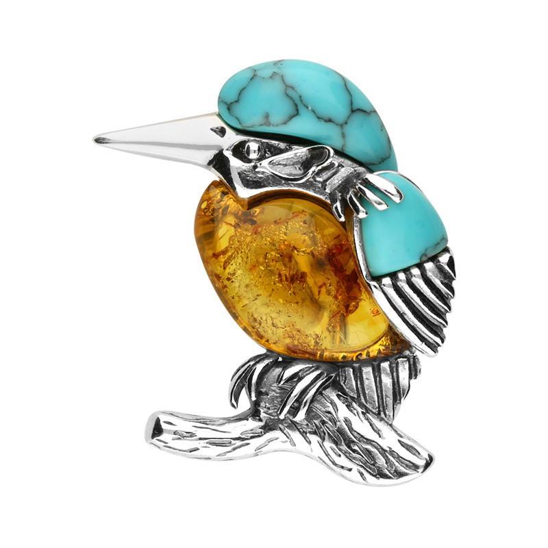 Sterling Silver Amber Turquoise Kingfisher Brooch