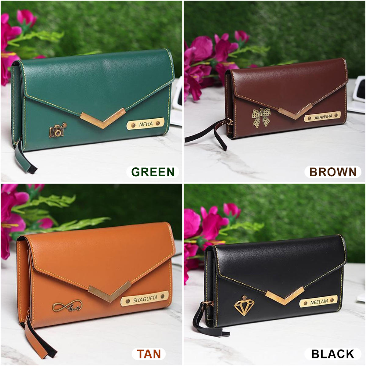 The Bling Stores Personalized Genuine PU Leather Women Clutch and Wallet  Combo for Couple/Name Crafted/ 1 Charms/Couple Combo Set of Women Clutch  and