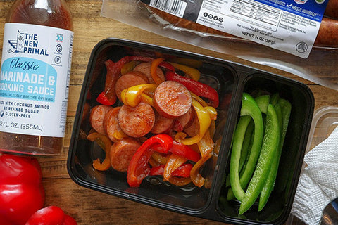 Sauteed Kielbasa Sausage is shown mixed with sauteed peppers in this gluten free recipe.