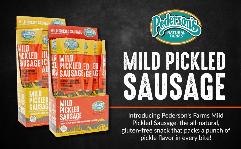 Two boxes of Pederson's Farms Mild Pickled Sausage are shown against a black background.