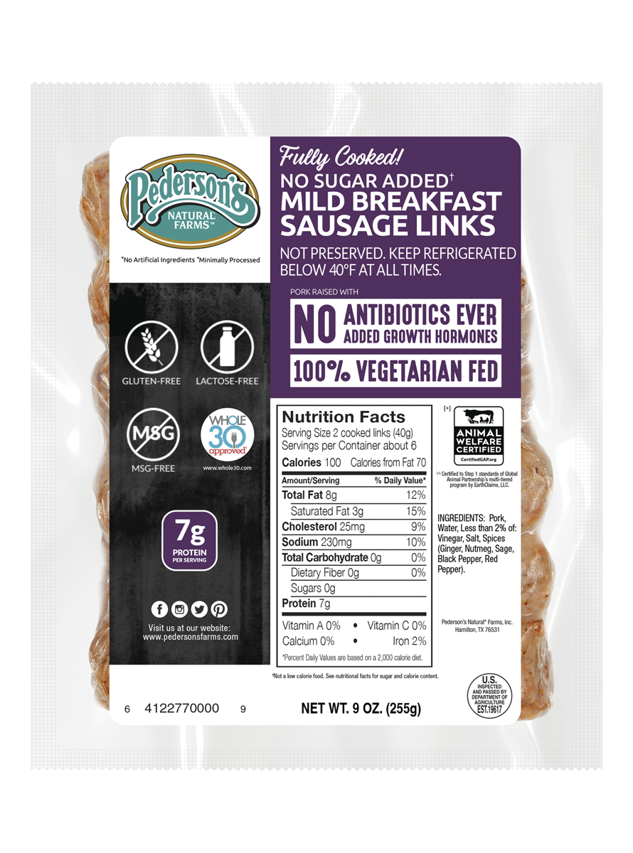 A package of Pederson's Farms Fully Cooked No Sugar Added Mild Breakfast Sausage Links