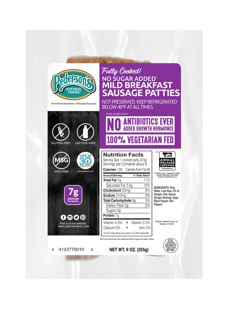 A package of Pederson's Farms Fully Cooked No Sugar Added Mild Breakfast Sausage Patties