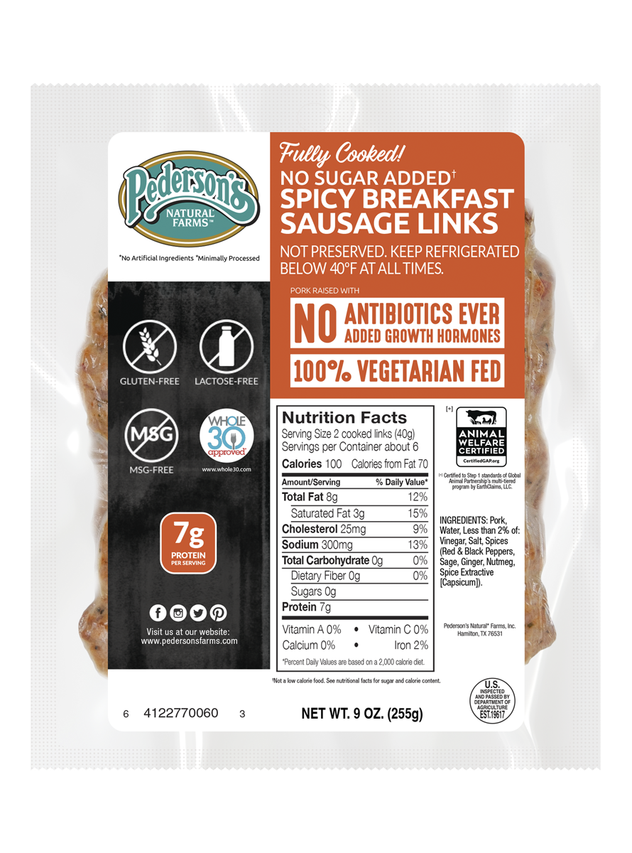 A package of Pederson's Farms Fully Cooked No Sugar Added Spicy Breakfast Sausage Links