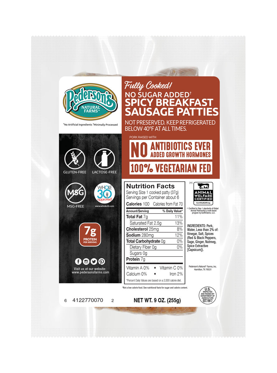 A package of Pederson's Farms Fully Cooked No Sugar Added Spicy Breakfast Sausage Patties