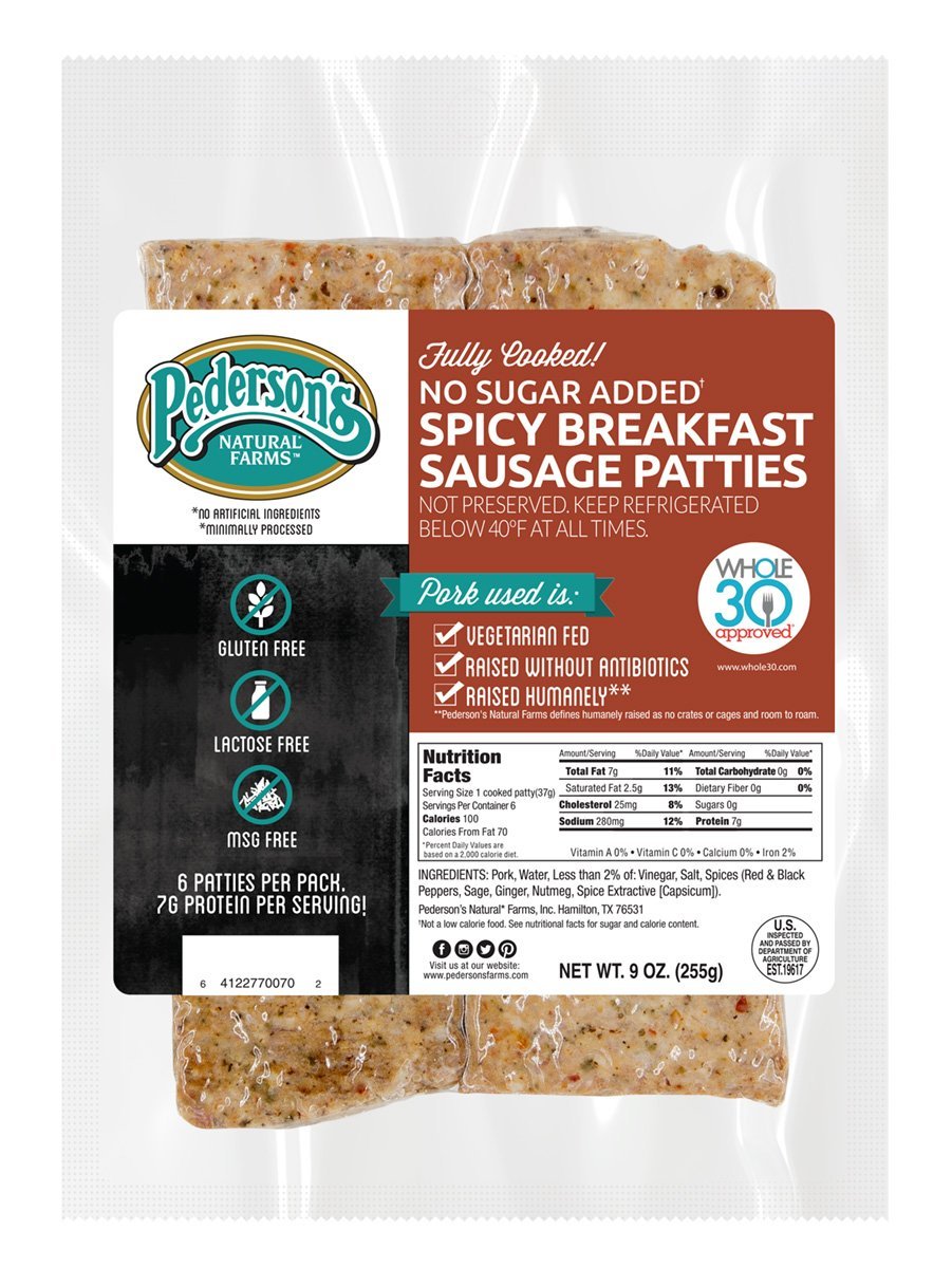 Fully Cooked No Sugar Added Spicy Breakfast Sausage Patties, contained by white, black, and red packaging.