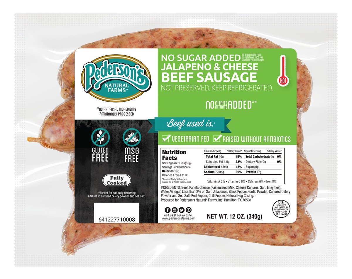 A package of Pederson's Farms No Sugar Added Jalapeno & Cheese Beef Sausage Links