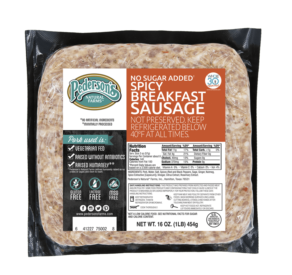 A package of Pederson's Farms No Sugar Added Spicy Breakfast Sausage - Ground