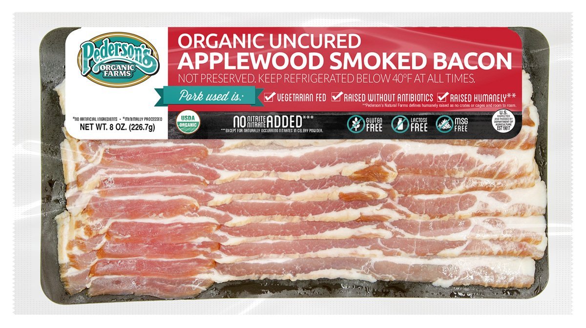 A package of Pederson's Farms Organic Uncured Applewood Smoked Bacon