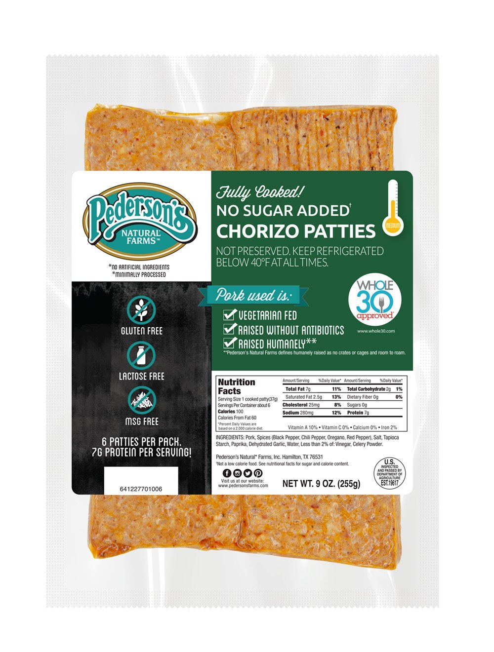 A package of Pederson's Farms Fully Cooked No Sugar Added Chorizo Patties