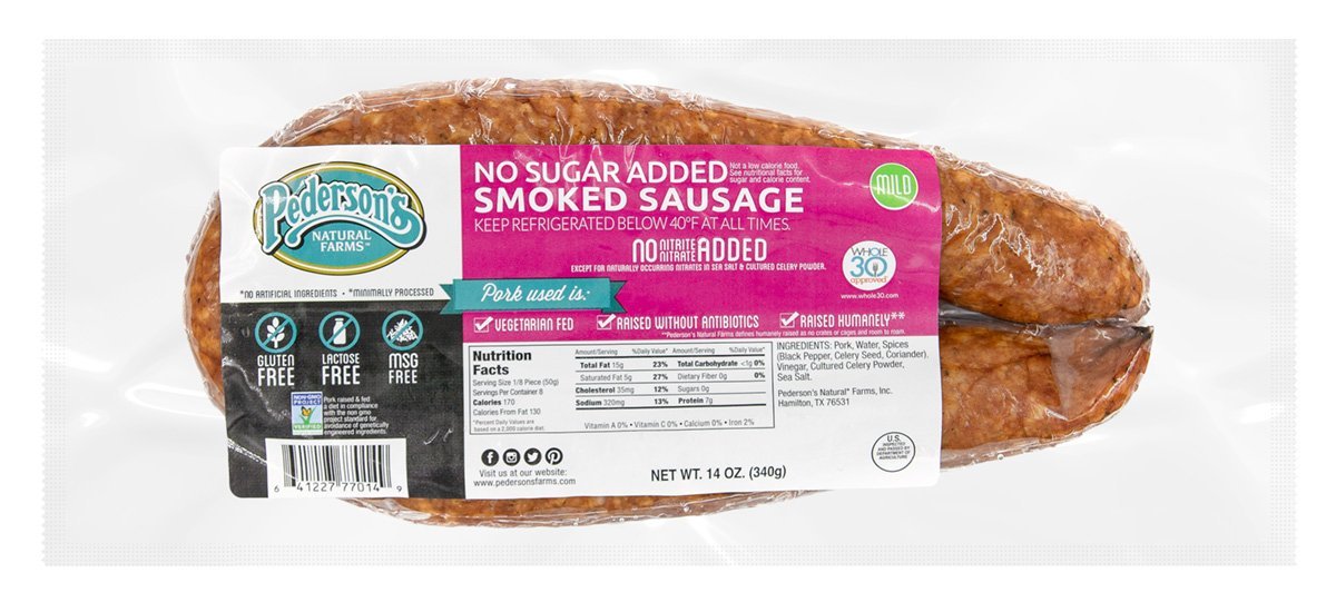 A package of Pederson's Farms No Sugar Added Smoked Sausage