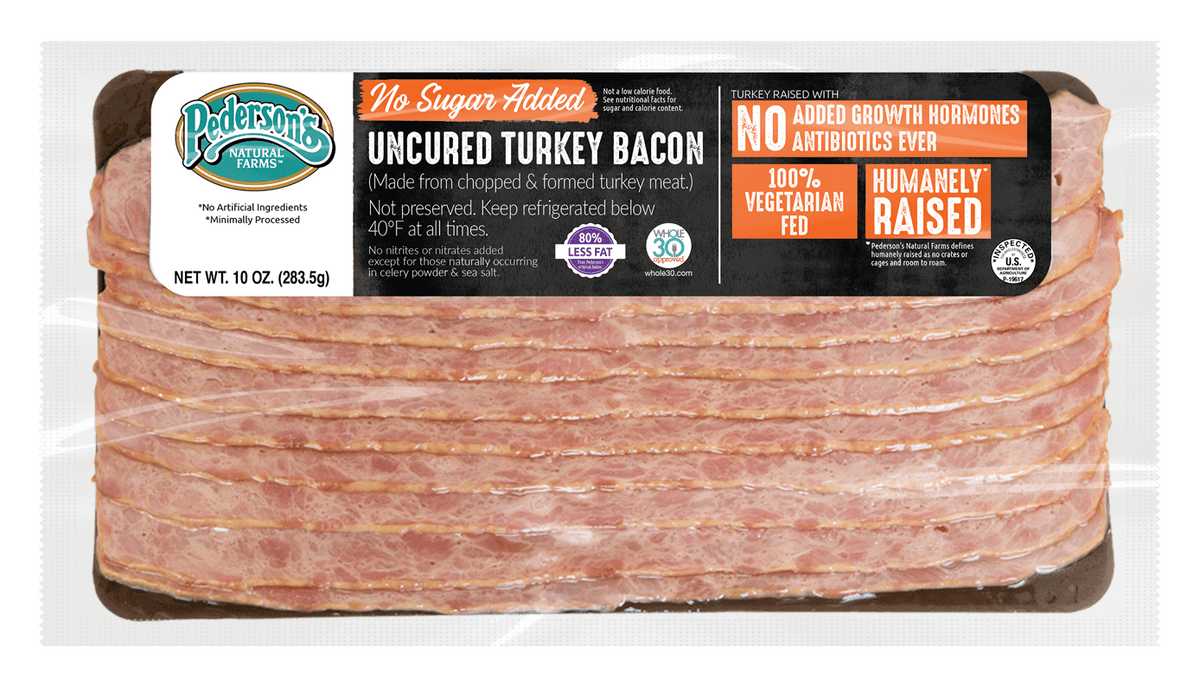 A package of Pederson's Farms No Sugar Added Uncured Turkey Bacon