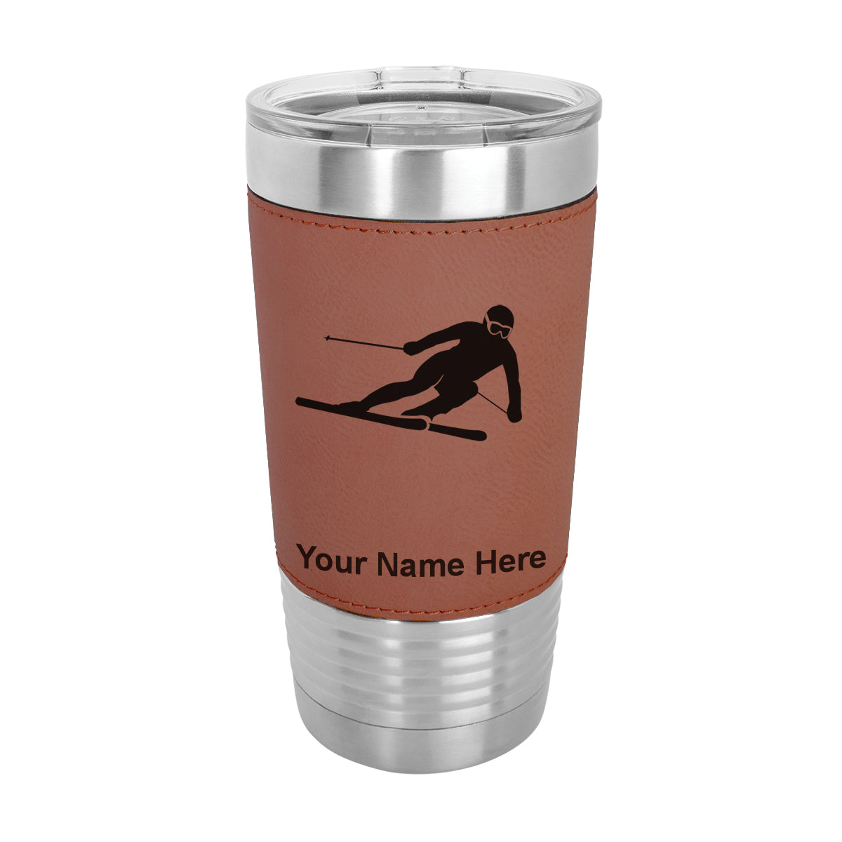 20oz Faux Leather Tumbler Mug, Skier Downhill, Personalized Engraving Included - LaserGram Custom Engraved Gifts