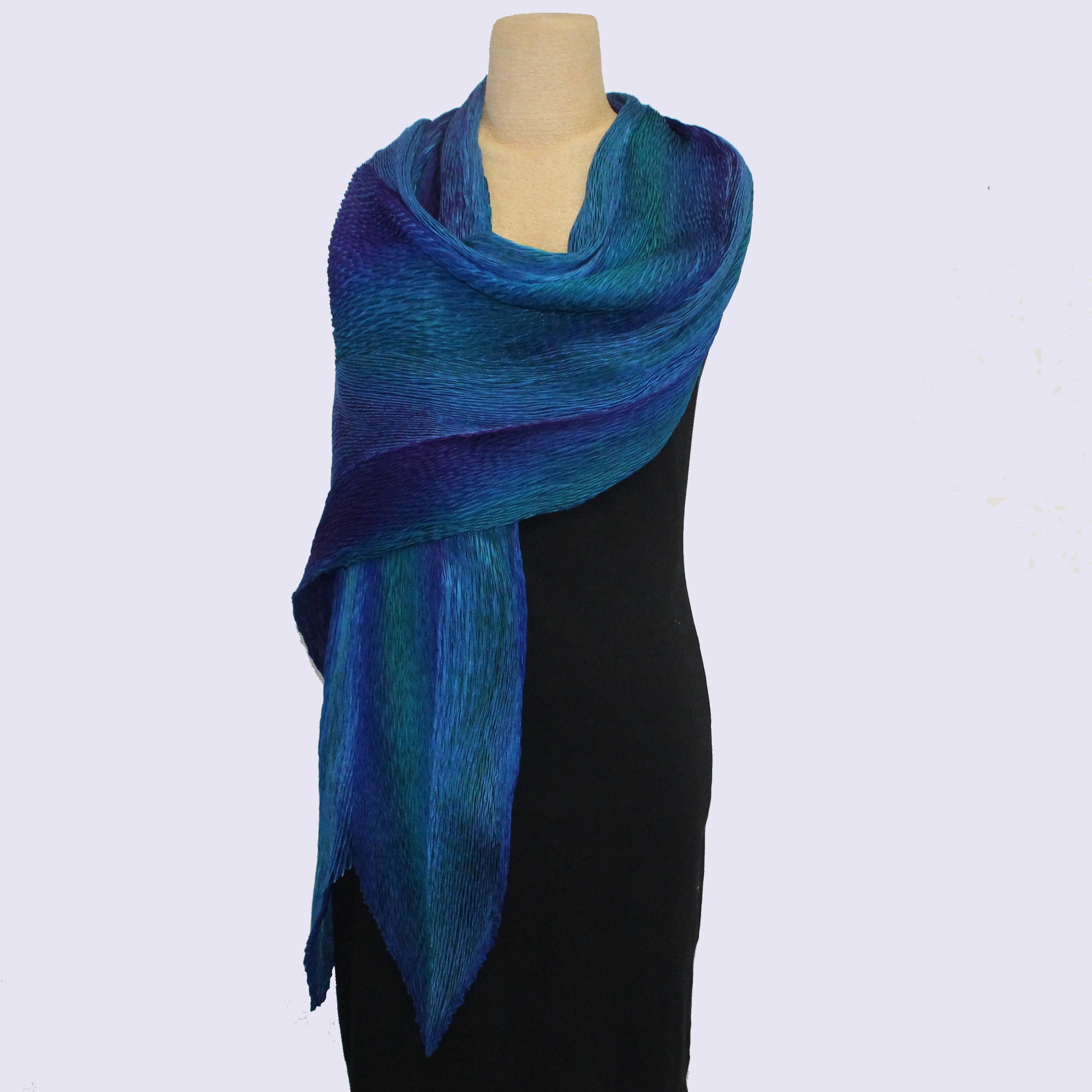 Cathayana Shawl, Pleated Silk Shibori, Blue/Purple