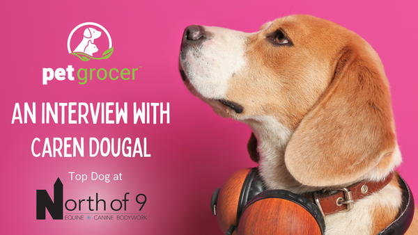 Dog with headphones is listening to the Get fresh with Jenn podcast interviewing Caren Dougal of North of 9 Bodywork