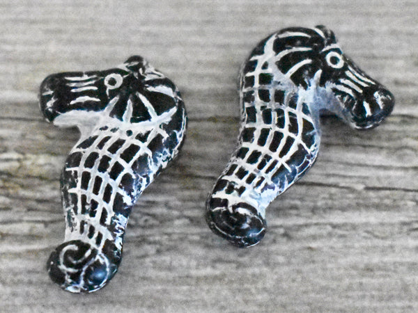 Czech Glass Beads - Seahorse Beads - Patina Beads - Picasso Beads - Sea Creature Beads - 2pcs - 28x18mm (4259)