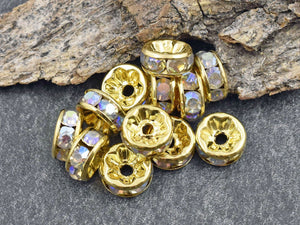 Rose Gold w/ Crystal Rhinestone Wavy Edge Rondelle Spacer Beads