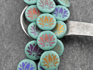 *8* 17mm Opaque Turquoise Satin AB Laser Tattoo Snowflake Coin Beads Czech Glass Beads by GR8BEADS - The Bead Obsession