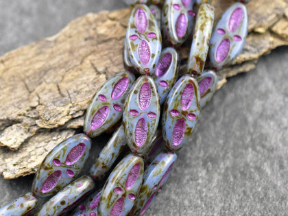 *8* 20x9mm Metallic Pink Washed Blue Opaline Picasso Marquise Oval Beads