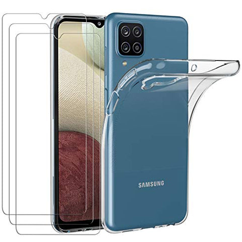 ivoler Hülle für Samsung Galaxy A12 / Samsung Galaxy M12, mit 3 Stück Panzerglas Schutzfolie, Dünne Weiche TPU Silikon Transparent Stoßfest Schutzhülle Durchsichtige Handyhülle Kratzfest Case