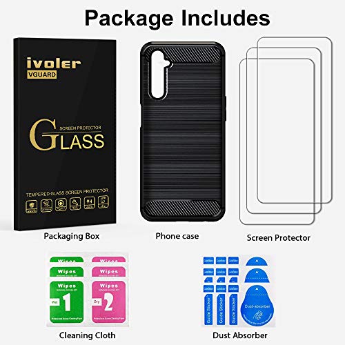iVoler Cover per Oppo Realme 6 / Oppo Realme 6S con 3 Pezzi Pellicola Vetro Temperato, Fibra di Carbonio Nero Custodia in Morbida Silicone TPU Anti-Graffio Antiurto Protettiva Case