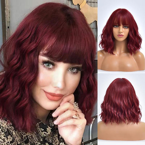synthetic red wig with bangs for white women