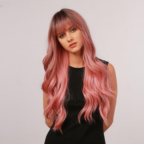 synthetic pink wig with bangs for white women