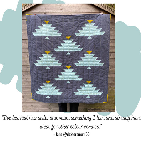 a hand quilted baby quilt featuring pale blue trees on a charcoal grey background displayed outdoors
