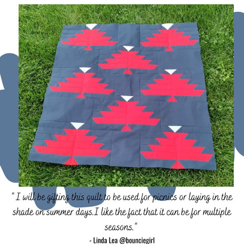 a baby sizes navy quilt top featuring red christmas trees laid out on a lawn