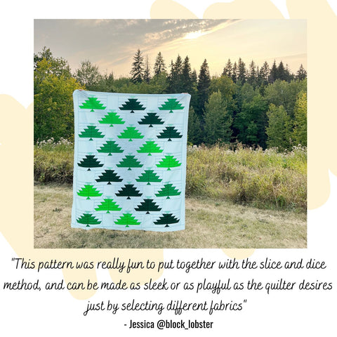 a throw size quilt featuring green trees displayed in a field