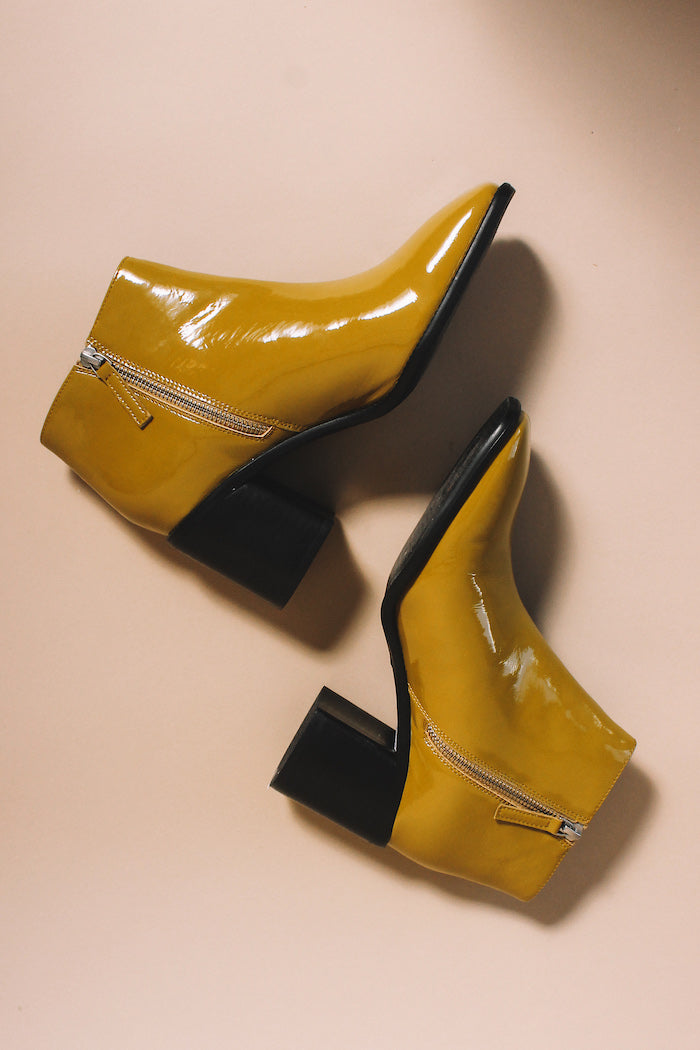 mustard patent shoes