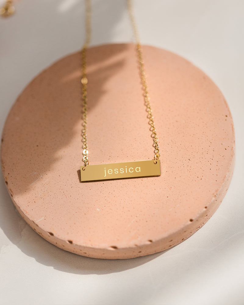 Personalized GOLD bar necklace - Nameplate Engraved- CZ Diamond accent–  LillaDesigns