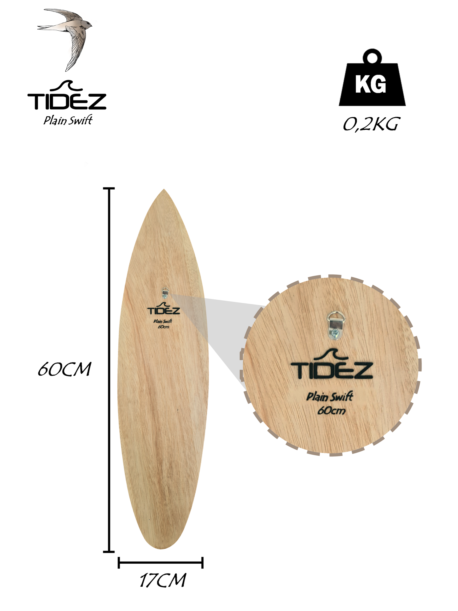 schoolbord schoorsteen vloot Tidez Plain Swift 60cm - Decoratieve, houten surfplank