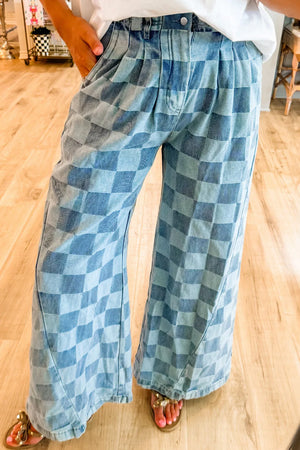 Checkered Wide Leg Jeans with Pockets - Shop All Around Divas
