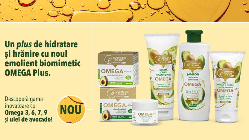 Descoperă noua gamă de produse OMEGA Plus cu Omega 3, 6, 7, 9 și ulei de avocado.