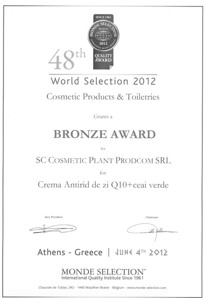 2012 - Bronze Award pentru Crema antirid de zi Q10+ceai verde, World Quality Selections, Monde Selection, Bruxelles