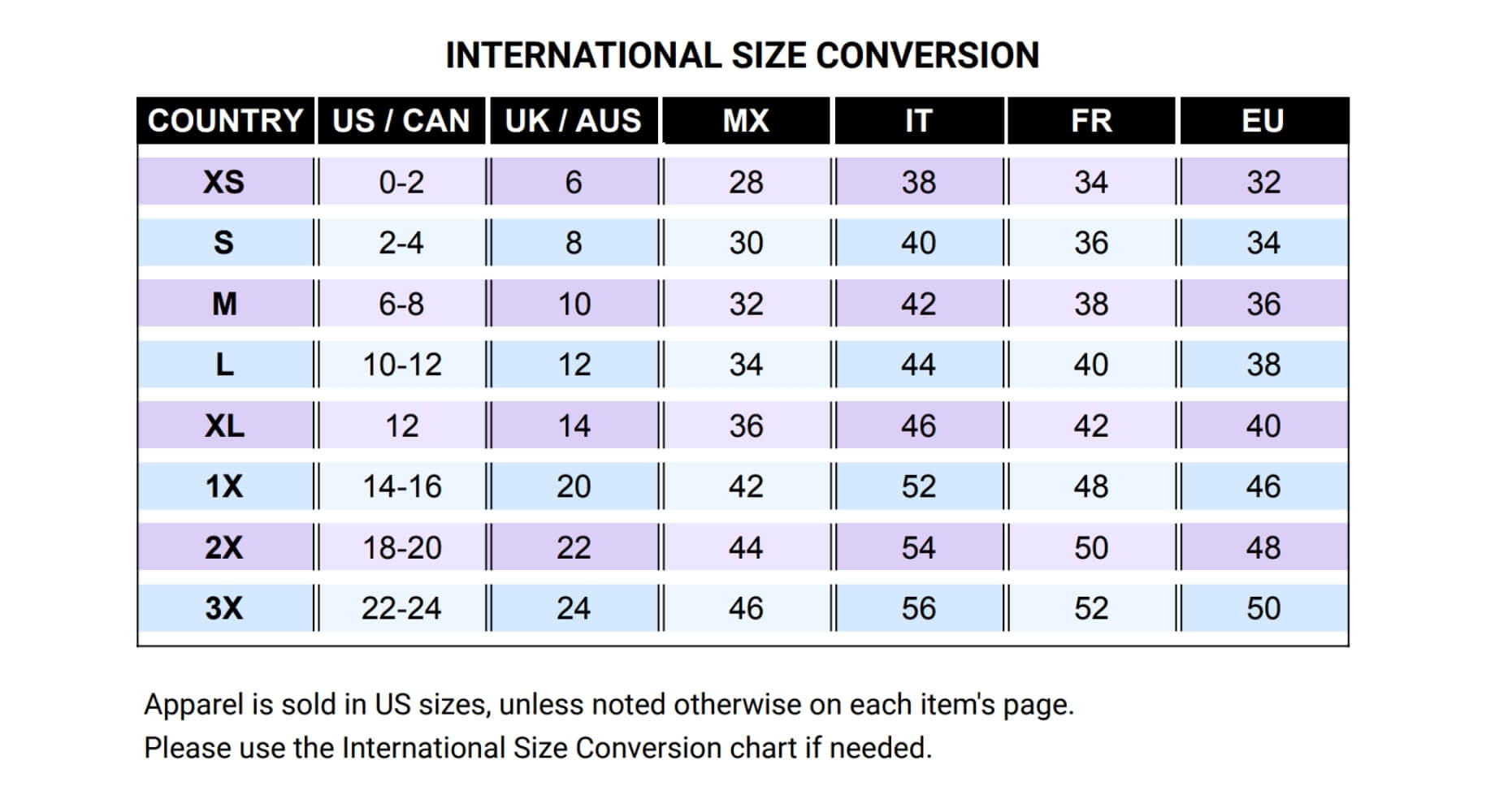 Rebella International Size Conversion chart