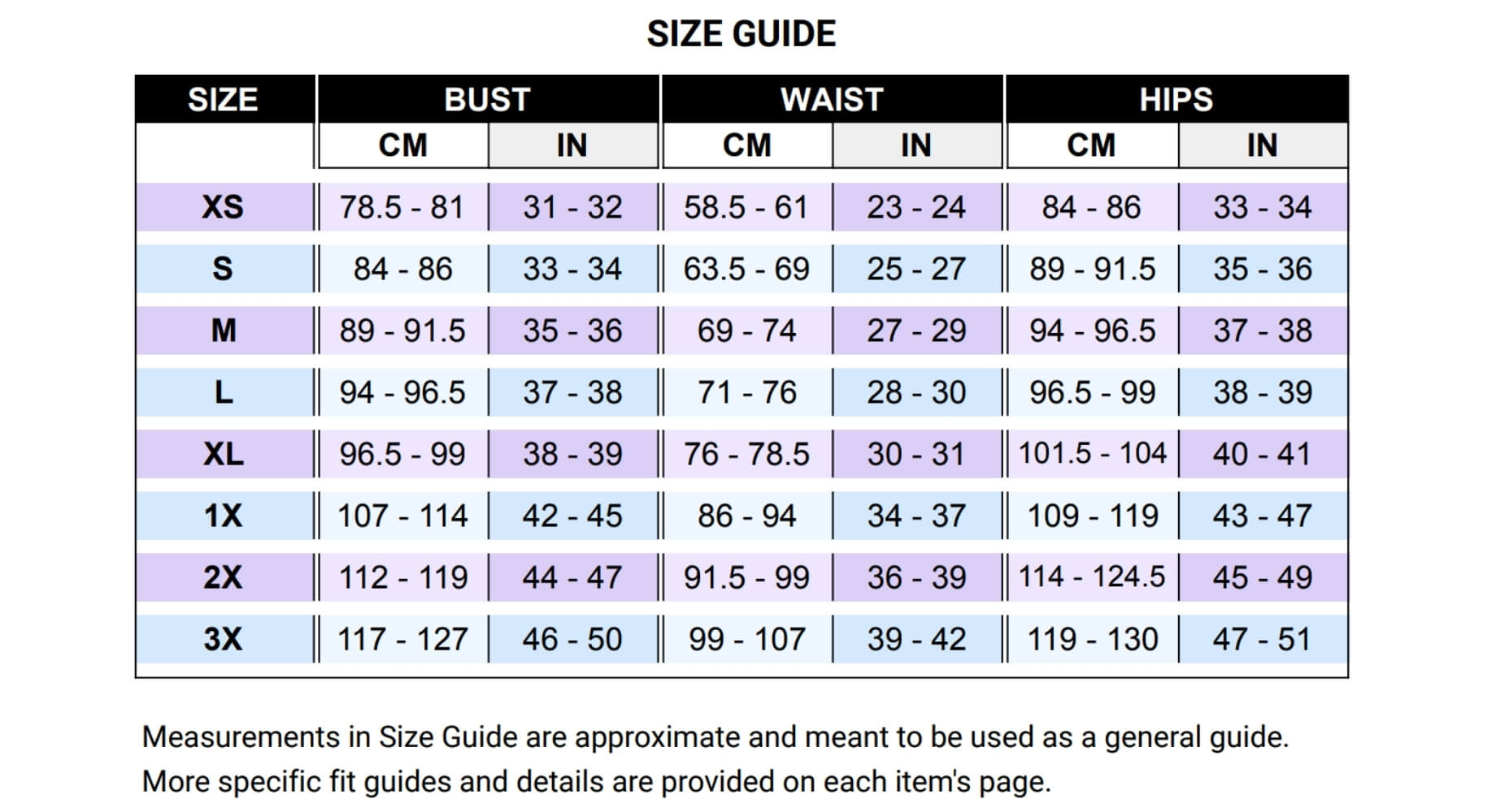Rebella Size Guide in centimeters and inches, sizes XS through 3X