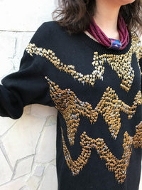 画像をギャラリービューアに読み込む, 80s black × gold silver beads knit tops ( ヴィンテージ ブラック × ゴールド ビーズ ニット トップス )
