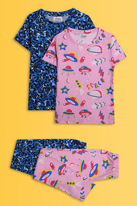 SPACE PINK AND LEOPARD BLUE SHORT SLEEVE PYJAMA SET (PACK OF 2) - Anthrilo India