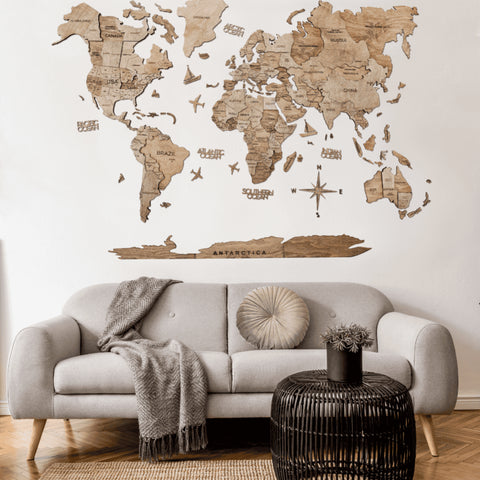 3D WOODEN MAP OF THE WORLD -OAK - PANEL – ATIPIQA