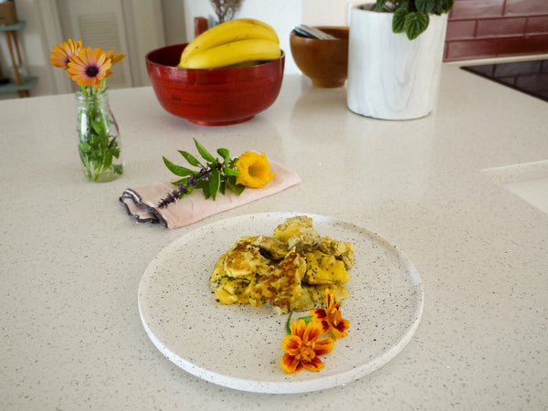 Finished banana scrambled eggs with basil seeds