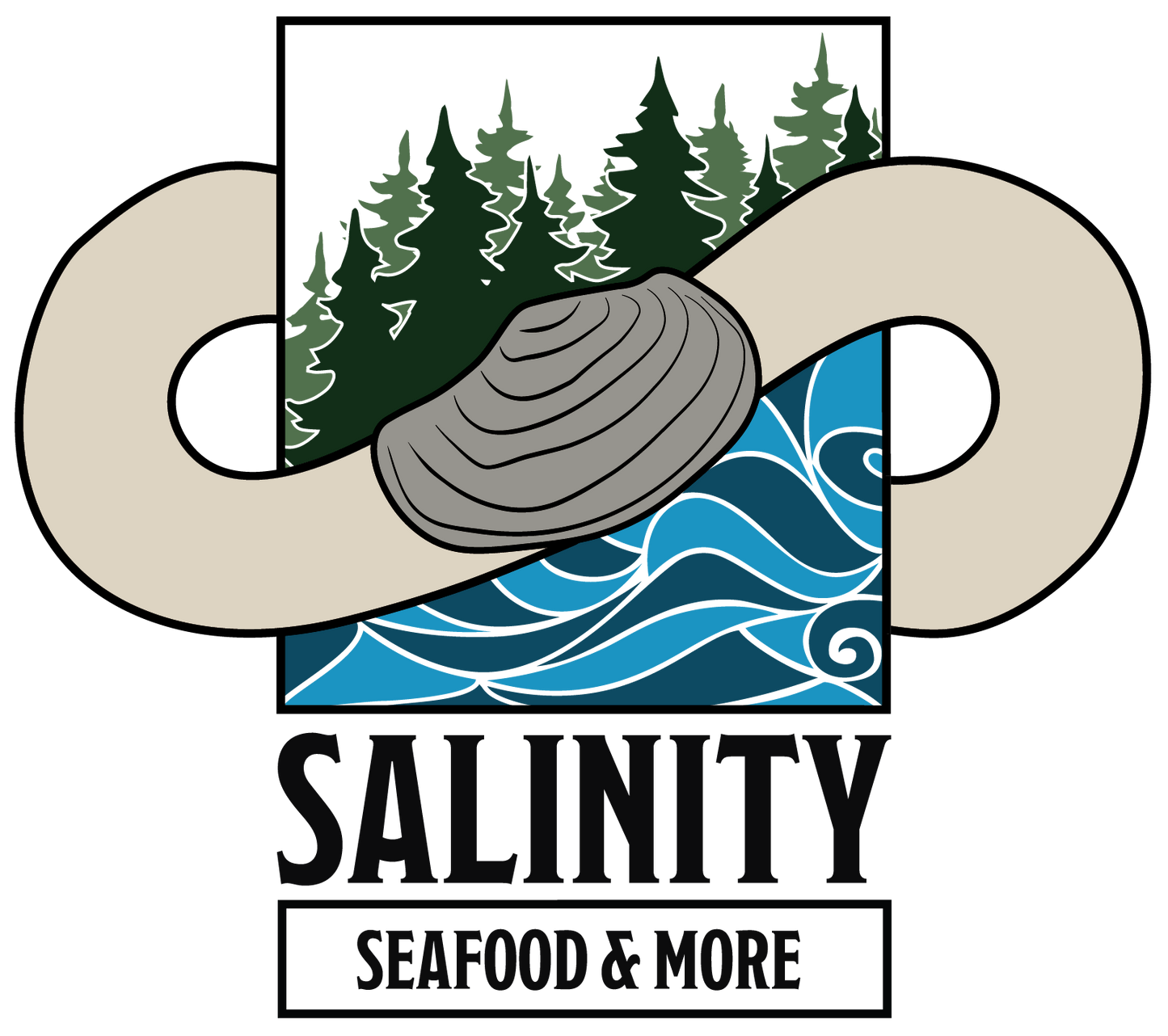 Salinity Seafood & More logo, a geoduck clam in the shape of an infinity sign, wrapped around trees and waves